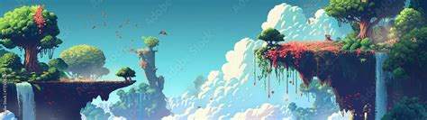 meadow hill terrain with waterfall in blue sky in pixel art game style, pixel art game terrain ...