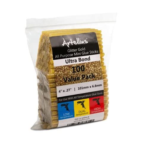 Artellius 100 Pack Glitter Gold Hot Melt Mini Glue Sticks For DIY Art Craft Repair 4 X 0 27