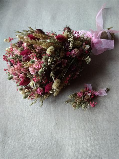 Rustic Dried Flower Wedding Bouquet With Grooms Pin Bridal Etsy