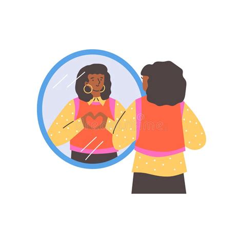 Young Smiling Black Woman Looking In Mirror Reflection The Heart Sign