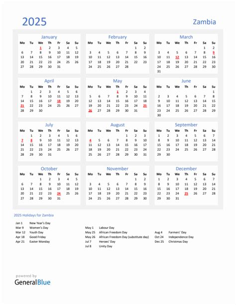 Basic Yearly Calendar With Holidays In Zambia For 2025