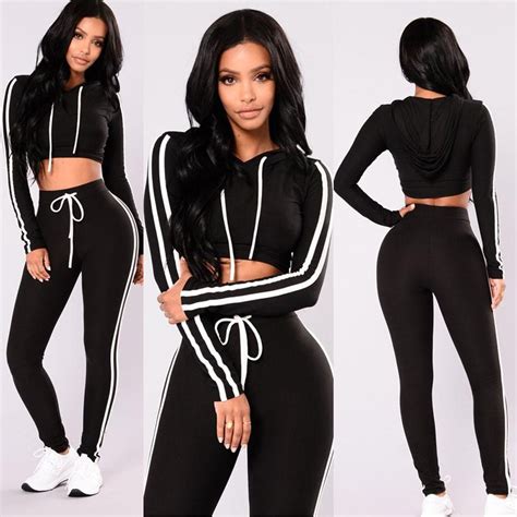 2019 Woman Casual Fashion Tight Long Sleeved Two Piece Hoodie Tracksuit