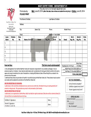 Fillable Online BEEF ENTRY FORM DEPARTMENT 1 This Entry Form Is For The