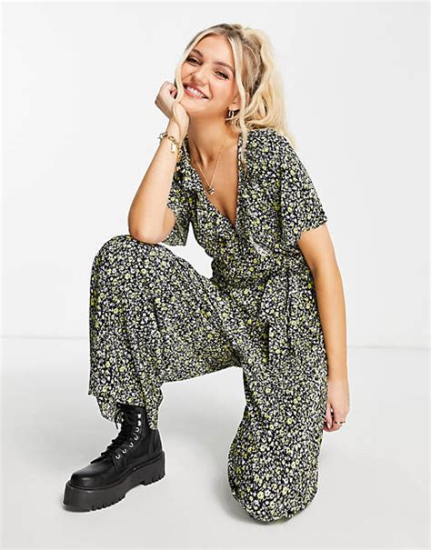 Asos Design Frill Wrap Plisse Jumpsuit In Dark Floral Asos