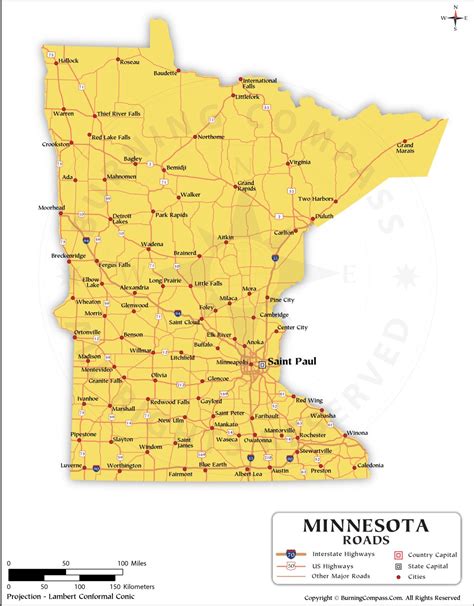 Minnesota Road Map with Interstate Highways and US Highways