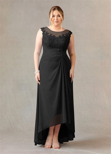 Black Azazie Endora A Line Scoop Lace Chiffon Asymmetrical Dress Azazie