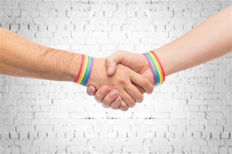 Hands With Gay Pride Wristbands Make Handshake Stock Image Image Of