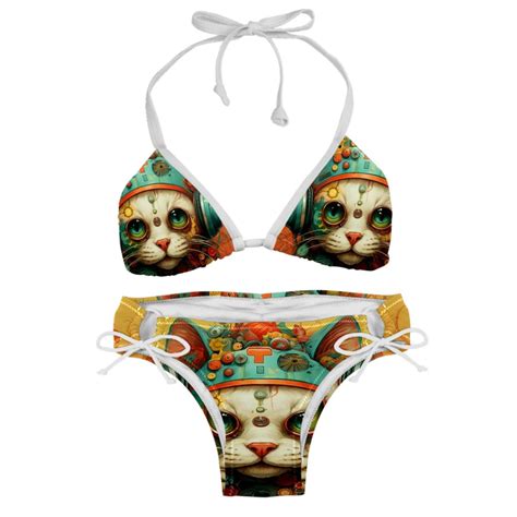 Retro Cat Swimsuit Bikini Set Detachable Sponge Adjustable Strap Two Pack Ideal For Beach