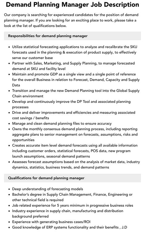 Demand Planning Manager Job Description Velvet Jobs