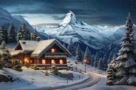 Nestled amidst the snowy peaks a cozy cabin stands at night Surrounded ...