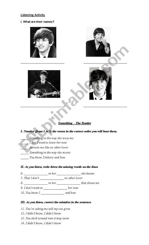 The Beatles Something ESL Worksheet By Lissette17p