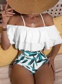 Plant Print Tiered Layer Bikini Swimsuit Shein Usa