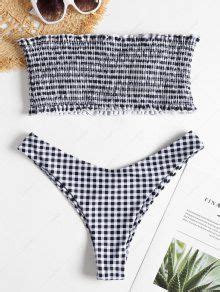 Plaid Smocked Bandeau Bikini In BLACK ZAFUL