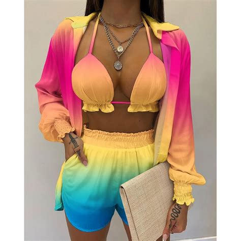 Women Printed Bikinis Lantern Sleeve Shirt Shorts Three Piece Sexy Bikini Summer Female High