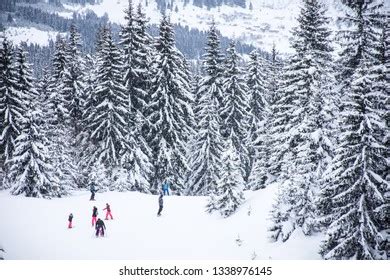 Idealistic Mountain Slope Many Unrecognizable Skiers Stock Photo