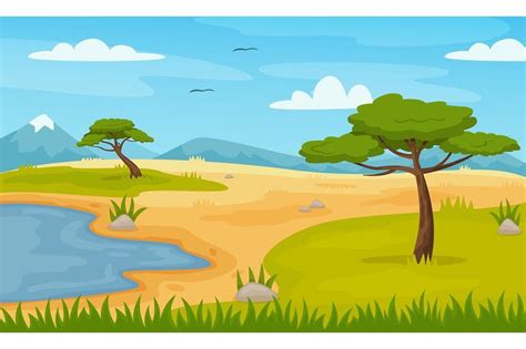 Cartoon African Savannah Landscape With Trees And Mountains Panoramic