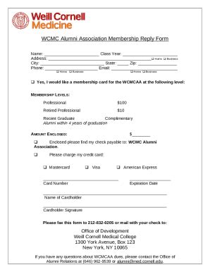 Wcmc Alumni Association Membership Reply Doc Template Pdffiller