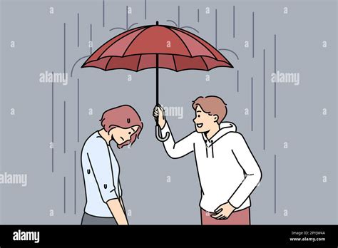 Caring Man Hold Umbrella Above Unhappy Distressed Woman Loving Male