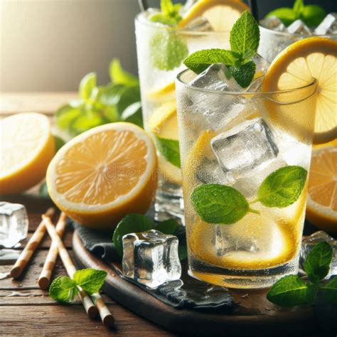 Chilled Lemonade With Ice Cubes And Lemon Slices Perfect For A Hot Summer Day Stock
