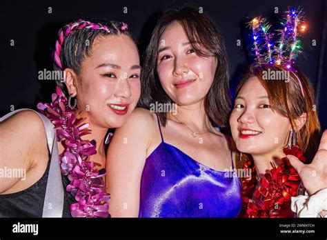 Asian Girls Posing Together At New Years Eve Party Centara Hotel