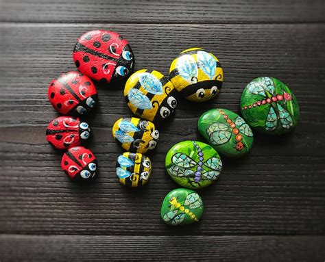 Hand Painted Rocks Insects Ladybug And Dragonfly Set For Kids Etsy