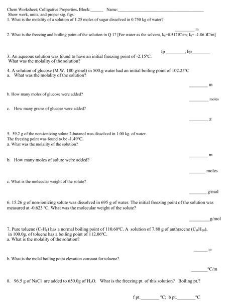 Worksheets Colligative Properties