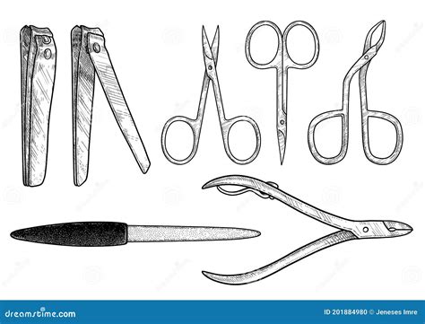 Manicure And Pedicure Tools Illustration Drawing Engraving Ink Line