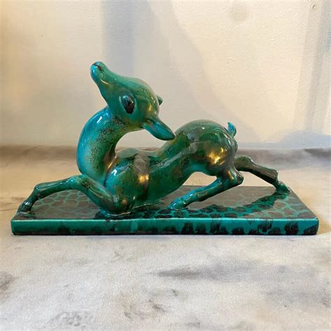 Sculpture Italienne Art D Co Vintage En C Ramique Verte D Un Fauve Par