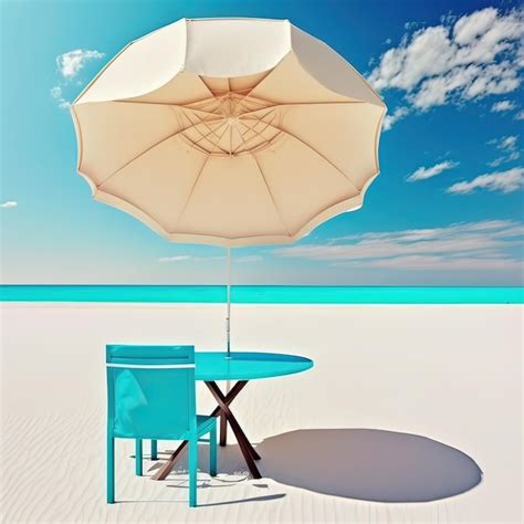 Premium AI Image | A blue chair is on a beach with a table and umbrella.