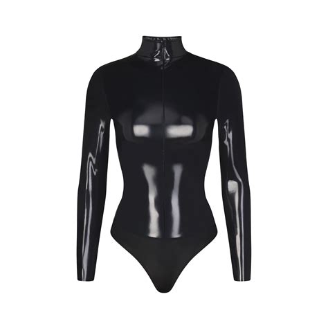 Stretch Vinyl Long Sleeve Zip Front Bodysuit Onyx