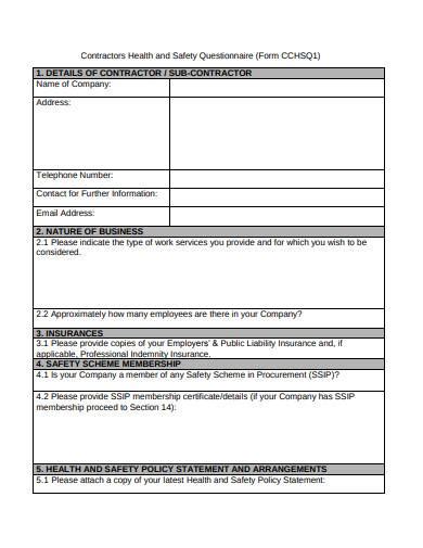 Free 10 Contractor Health And Safety Questionnaire Samples In Pdf Ms