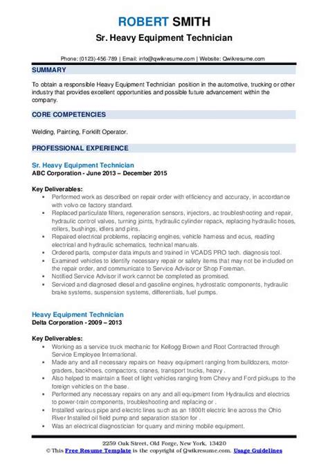 Heavy Equipment Technician Resume Samples | QwikResume