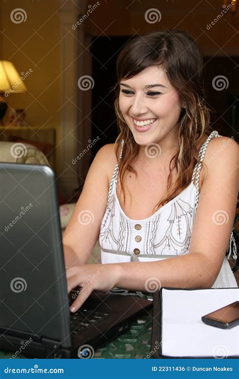 Lovely Brunette Woman At Computer Stock Photo Image Of Leisure Beauty 22311436