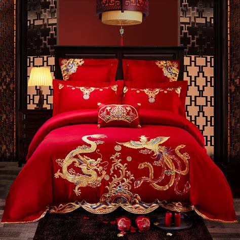 Luxury 100 Cotton Chinese Dragon Phoenix Wedding Bedding Set