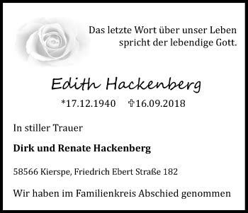 Traueranzeigen Von Edith Hackenberg WirTrauern