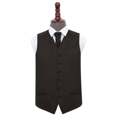 Black Mens Waistcoat Cravat Set Satin Plain Solid Wedding Tuxedo By DQT