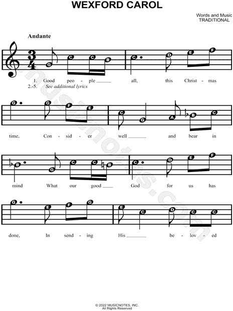 Traditional Irish Carol Wexford Carol Sheet Music For Beginners In C Major Download And Print