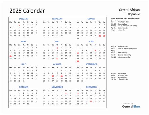 Calendar With Holidays For Central African Republic