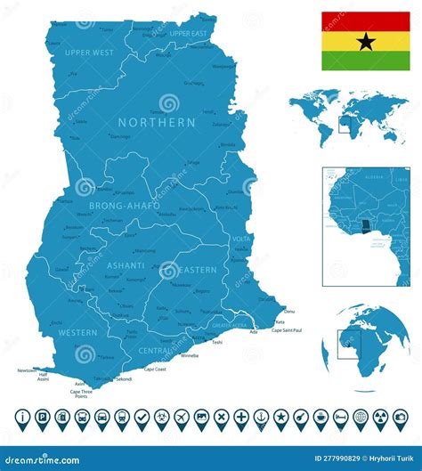 Ghana Detailed Blue Country Map With Cities Regions Location On