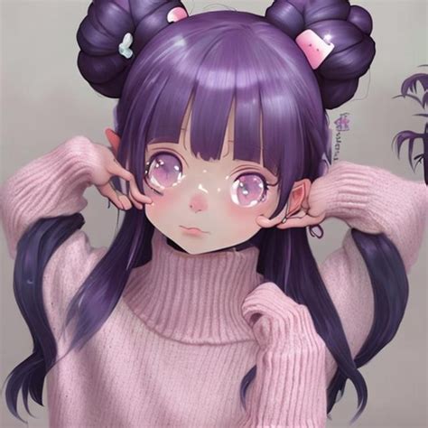 A Girl With Dark Purple Hair In Space Buns Long With