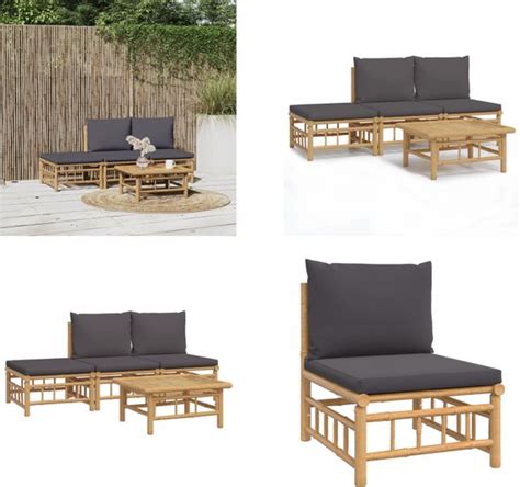 VidaXL 4 Delige Loungeset Met Kussens Bamboe Donkergrijs Loungeset