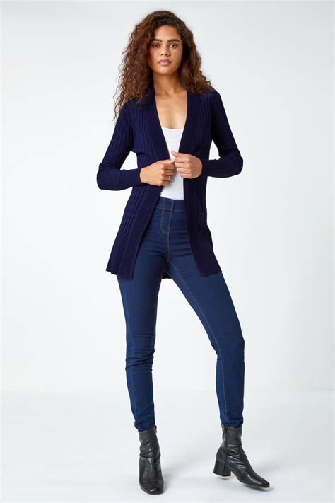 Midnight Blue Longline Stretch Ribbed Cardigan Roman Uk