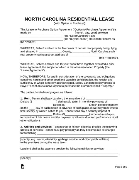 Free North Carolina Rent To Own Lease Agreement Pdf Word Eforms