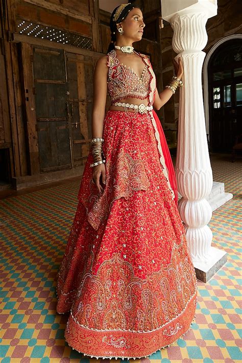 Red Hand Embroidered Wedding Lehenga Set By Aditi Gupta At Pernias Pop