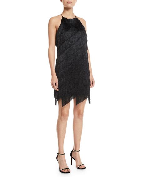 Halston Heritage Sleeveless High Neck Fringe Slip Cocktail Dress