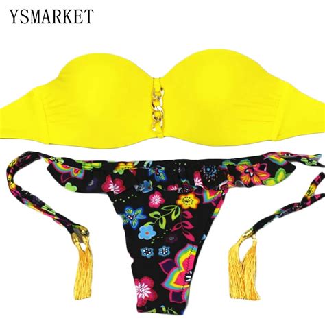 Sexy Hollow Out Swimwear Yellow Biquini Strapless Bikini Top Floral