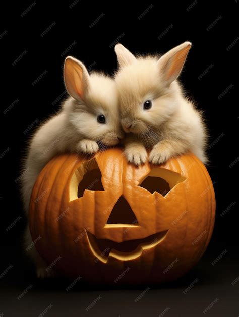 Premium Photo Cute Bunnies Sitting On A Pumpkin Halloween Background