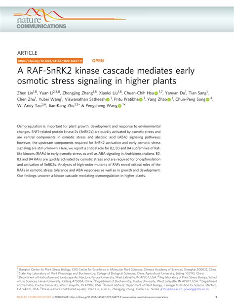 Pdf A Raf Snrk2 Kinase Cascade Mediates Early Osmotic Stress Signaling In Higher Plants