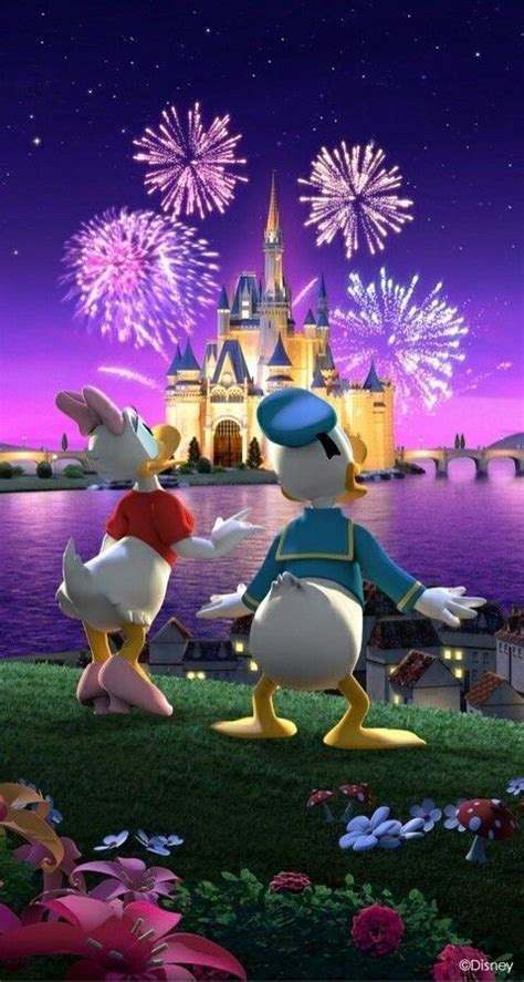 Two Cartoon Characters Standing In Front Of A Castle At Night With