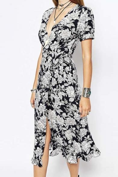 Elegant V Neck Floral Print Tie Waist Split Front Midi Dress